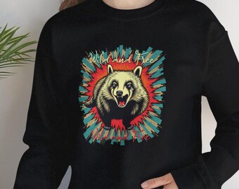 Retro Honey Badger Sweatshirt, Wild and Free Crewneck Jumper, Unisex Sweater Gift, Vintage Animal Print Top, Graphic Pullover Shirt, Hipster