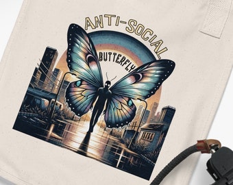 Anti-Social Butterfly Tote Bag EcoFriendly Cotton Canvas Reusable Grocery Shopping Grocery Eco Tote Cotton Bag