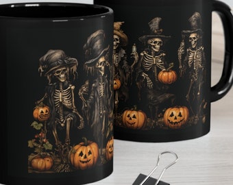Skeletons Dancing with Pumpkins 11oz Mug, Halloween Inspired Ceramic Cup, Ideal for Hot Beverages, Perfect Halloween Party Gift