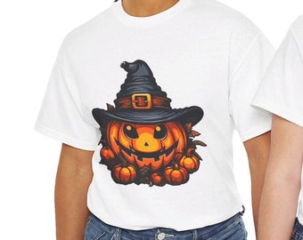 Witch Hat Pumpkin Tee, Unisex Heavy Cotton Classic Fit Halloween Shirt, Tear-Away Label, Spooky Season Fashion