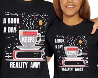 A Book A Day Literary Escape Illustration Shirt, Reading Gift, Librarian Educator Tee, Book Blogger Tee, Literature Lover Gift