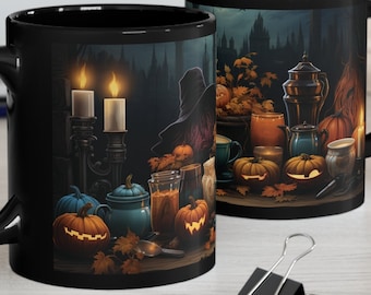 The Haunted House Wallpaper Pumpkins, Spooky 11oz Black Mug for Halloween Decor, Perfect Gift for Horror Fans