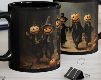Skeletons Dancing with Pumpkins 11oz Black Mug, Spooky Halloween Decor, Perfect for Coffee Lovers, Unique Halloween Gift