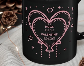 Hugs Kisses Valentine Wishes Black Mug, Love Gift, Valentine's Day Cup, Romantic Drinkware