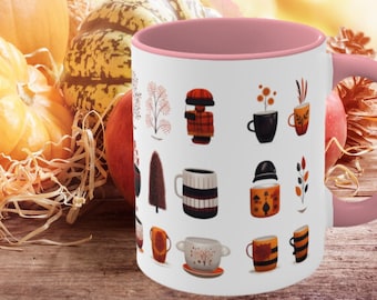 Thanksgiving Symbols White Background Accent Coffee Mug, 11oz - Perfect for Festive Morning Coffee - Unique Thanksgiving Gift