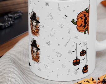 Pumpking and Witchers 11oz Mug - Unique Ceramic Drinkware for Halloween Celebrations and Gifts