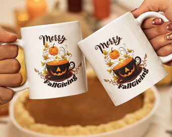 Merry fallGiving 11oz Ceramic Mug - Perfect for Cozy Fall Beverages - Ideal Gift for Thanksgiving Hosts