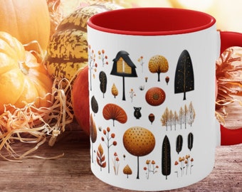White Thanksgiving Clip Art Trees Accent Coffee Mug, 11oz - Perfect for Festive Beverages, Great Thanksgiving Hostess Gift