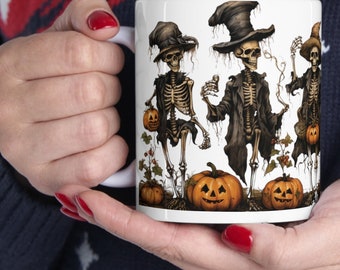 Skeletons Dancing with Pumpkins Ceramic Mug 11oz - Unique Halloween-themed Coffee Cup - Perfect Gift for Spooky Season Lovers