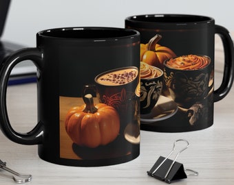 Coffee Cups on a Table with Pumpkins Halloween on a Table, 11oz Black Mug for Autumn Drinks, Perfect Spooky Gift