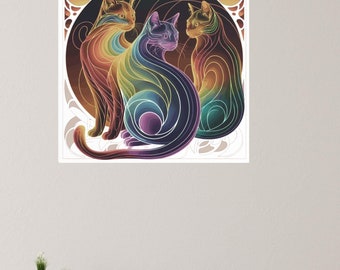 Silk Posters, Art Nouveau Rainbow Cats Wall Art for Home Decor