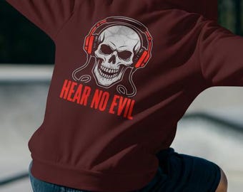 Hear No Evil Hoodie, Skull Headphones, Gothic Streetwear Gift