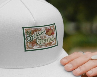 Seasons Greetings Dad Hat, Leather Patch Baseball Cap, Festive Headwear, Holiday Gift Idea, Casual Accessory, Unique Gift for Dads