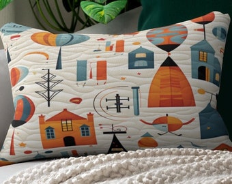 Spun Polyester Lumbar Pillow with Houses, Balloons and Sky Design, Ideal Accent Piece for Home Decor, Unique Birthday Gift