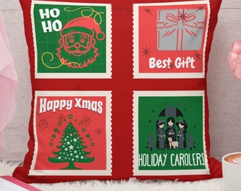 Merry Christmas, Stamp Style, Pillow, Holiday Decor, Festive Home Accent