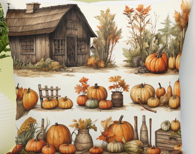 Featured listing image: Autumn Collection Pillow - Festive Pumpkin Decorated Polyester Cushion for Cozy Fall Home Styling, Perfect Housewarming Gift