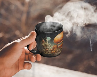 Alien Pumpkin 11oz Carving Black Mug - Extraterrestrial Halloween Decor - Coffee and Tea Lover's Gift - Seasonal Present