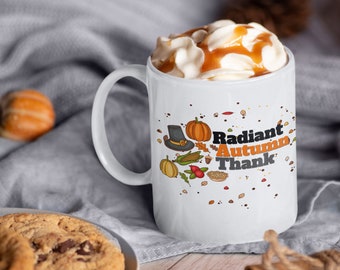 Radiant Autumn Thank, 11oz Ceramic Mug for Warm Fall Beverages, Ideal Gift for Autumn Lovers