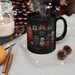 Spooky Owls Woodcarvings Black Mug - Halloween Ceramic Mug