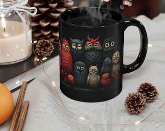 Spooky Owls Woodcarvings, Black Halloween Mug, 11oz Ceramic,Spooky Owl Mug,Halloween Mug,Black Ceramic Mug.