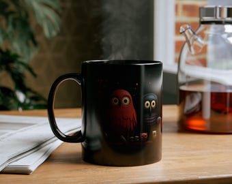 Spooky Owls Black Mug, Halloween Decor, Woodcarvings, Creepy Owl Coffee Cup, Gothic Kitchenware