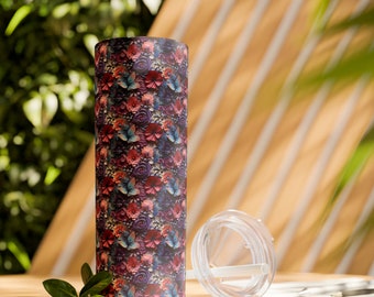 Floral Skinny Tumbler with Straw, 20oz, 3D Art Butterflies Print, Butterfly Cup, Gift for Her