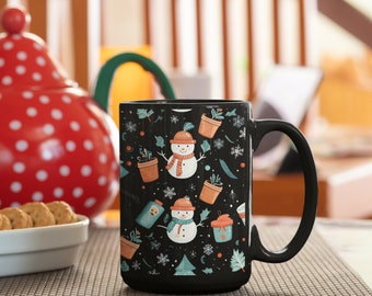 Snowmen and Plants Designed Mug, Black 15oz Cup for Warm Drinks, Ideal Holiday Season Gift