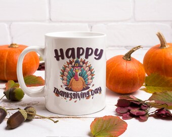 Happy Thanksgiving Day - 11oz Ceramic Mug - Ideal for Morning Coffee and Tea - Great Thanksgiving Host Gift