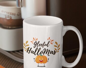 Gleeful HalloMas Ceramic Mug, 15oz Hand-painted Holiday Drinkware, Perfect for Halloween and Christmas, Unique Gift for Coffee Lovers