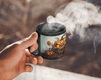 Alien Pumpkin Carving 11oz Black Mug - Unique Halloween Decoration - Spooky Coffee Cup - Extraterrestrial Gift Idea
