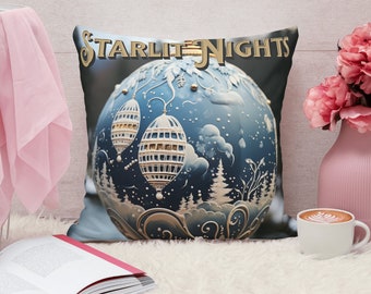 Starlit Nights Christmas Ornament Pillow, Spun Polyester Square Cushion, Festive Home Decor, Perfect Holiday Gift