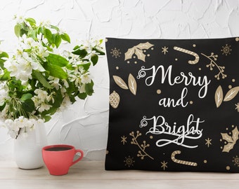 Merry and Bright Spun Polyester Square Pillow, Festive Home Decor Accent, Perfect for Holiday Season Comfort, Ideal Christmas Gift