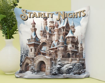 Starlit Nights Castle Square Pillow - Enchanting Spun Polyester Cushion for Home Decor and Dreamy Bedroom Accent - Unique Gift Idea