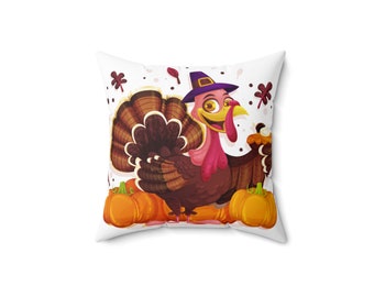 Fall-themed Spun Polyester Square Pillow with Turkey and Pumpkins Design - Adds Festive Touch to Any Room - Great Thanksgiving Gift