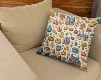 Spun Polyester Pillow Featuring Variety of Vegetables and Houses, Vibrant Decorative Cushion, Adds Charm to Any Space, Ideal Present