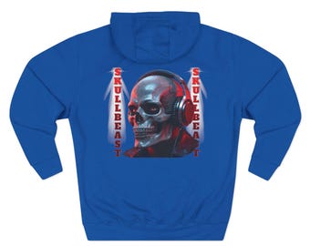 SkullBeast Fleece Hoodie, Skull with Headphones, Alternative Clothing, Three-Panel Sweatshirt, Halloween Costume, Edgy Streetwear, Grunge