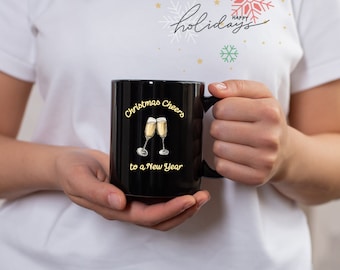 Christmas Cheers to a New Year Coffee Mug, Black Ceramic 11oz, For Festive Holiday Sipping, Great Stocking Stuffer