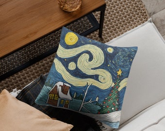 Spun Polyester Pillow with Trees and Starry Night Design - Enhances Living Room or Bedroom Decor - Unique Gift for Art Enthusiasts