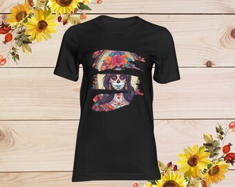 Day of the Dead Skull Women Tee, Soft and Stylish, Ideal for Festive Events or Casual Wear, Unique Birthday Gift for Women