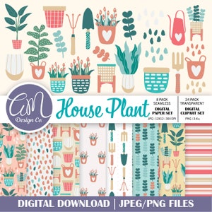Papel digital de plantas, imágenes prediseñadas de plantas de la casa, fondo de la planta, papel de álbum de recortes botánico, pegatinas digitales de plantas, uso comercial, planta de la casa