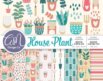 May include: A digital download graphic set featuring house plants, gardening tools, and patterned backgrounds. The illustrations include potted plants, watering cans, and trowels in a pastel color palette. The text reads "House Plant" and "Digital Download".