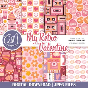 Retro Valentine Digital Paper, Hippie Daisy Seamless Pattern, Kassette und Retro Phone Background, Groovy Girl, kommerzielle Nutzung