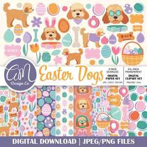 Ostern Hund digitales Papier und Clipart Set, Golden Doodle Frühling nahtlose Muster, Osterei, Hund Mama, kommerzielle Nutzung, png svg jpeg