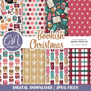 May include: A digital paper set with eight seamless patterns. The patterns include Christmas ornaments, books, coffee cups, snowflakes, and gift boxes. The text "Bookish Christmas" is displayed, along with "8 PACK SEAMLESS DIGITAL PAPER SET".