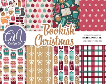 Bookish Christmas Digital Paper, Holiday Seamless Pattern, Winter Cats Scrapbook Paper, Academic Background, Commercial Use