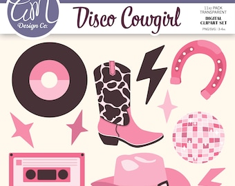 Disco Cowgirl Clipart Bundle, Pink Bachelorette Clipart, Western Rodeo Digital, Cowboy Hut, kommerzielle Nutzung, Png svg