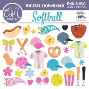 May include: Digital clipart set with a softball theme. Includes a hot dog, popcorn, baseball bats, pink baseball cap, jersey, pretzel, softball, and other sports-related graphics. The text "Softball" and "Go Team!" are also included.