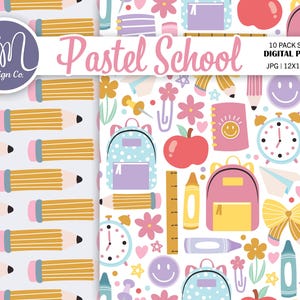 May include: A digital paper set with a pastel school theme. The design includes repeating patterns of pencils, backpacks, apples, clocks, and flowers. The text "Pastel School" is displayed in pink script, and the set includes 10 seamless digital papers.