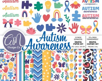 Conjunto de imágenes prediseñadas y papel digital para la concienciación sobre el autismo, patrón sin costuras del espectro neurodivergente, fondo neurospicy, uso comercial png svg jpeg