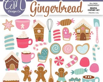 Gingerbread Clipart Bundle, Pink Christmas Clipart for Holiday Cards, Pastel Winter Digital, Digital Scrapbook, Commercial Use, png svg